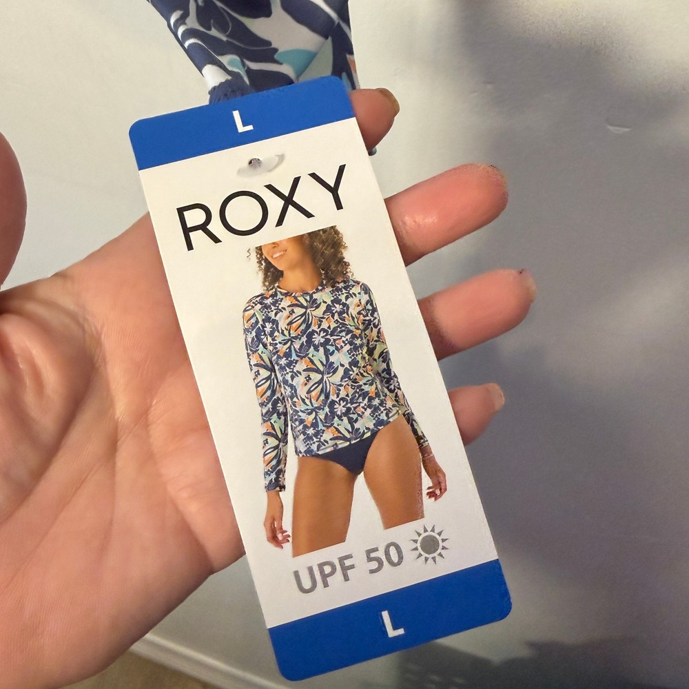 Roxy Womens Long Sleeve Rash Guard UPF 50 Floral Print Blue Mint Large NWT - Picture 2 of 5